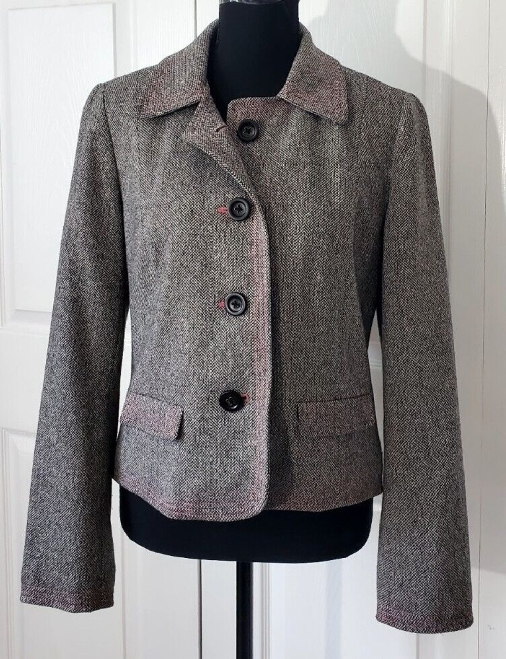 Gap Womens Gray Tweed Wool Blend Blazer Pink Accent Stitched Jacket Sz M EUC